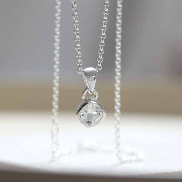 Sterling Silver Clear Quartz Birthstone Necklace hanging