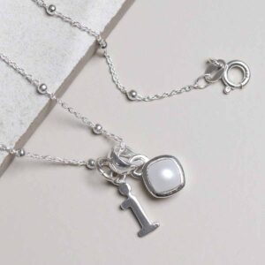 Sterling Silver Pearl Birthstone Necklace on a satellite chain with a letter add on charm