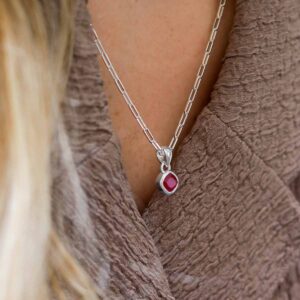 Sterling Silver Ruby Birthstone Fine Paperclip Necklace on model