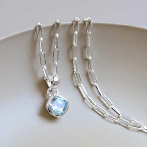Sterling Silver Blue Topaz Birthstone Fine Paperclip Necklace