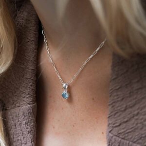 Sterling Silver Blue Topaz Birthstone Fine Paperclip Necklace on model
