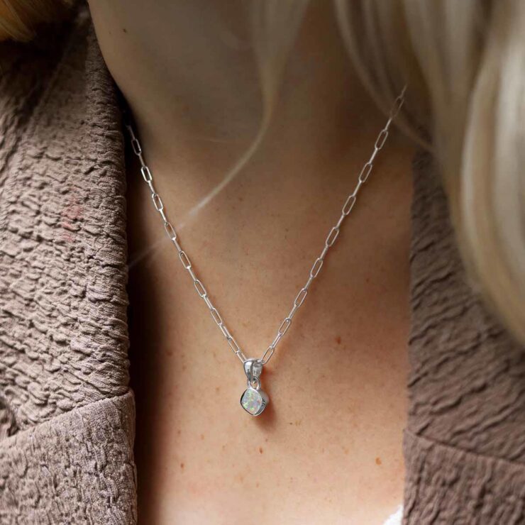 Sterling Silver Opalite Birthstone Fine Paperclip Necklace on model