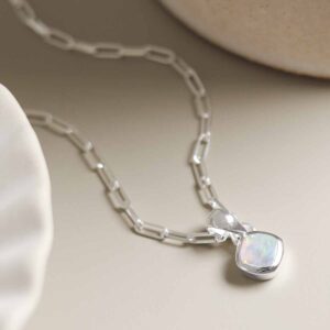Sterling Silver Opalite Birthstone Fine Paperclip Necklace