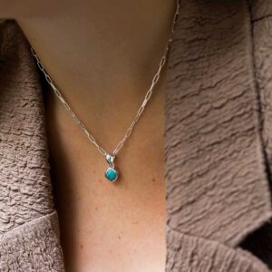 Sterling Silver Turquoise Birthstone Fine Paperclip Necklace on model