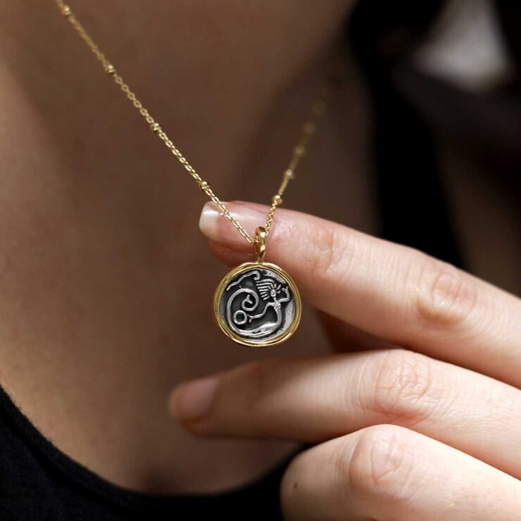Gold Plated Sterling Silver Mermaid Necklace worn by model with black t shirt on