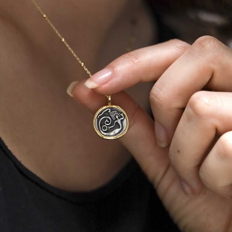 Gold Plated Sterling Silver Mermaid Necklace worn by model with black t shirt on