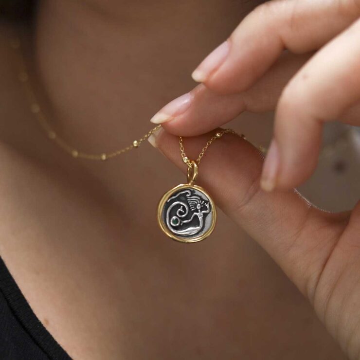 Gold Plated Sterling Silver Mermaid Necklace worn by model with black t shirt on